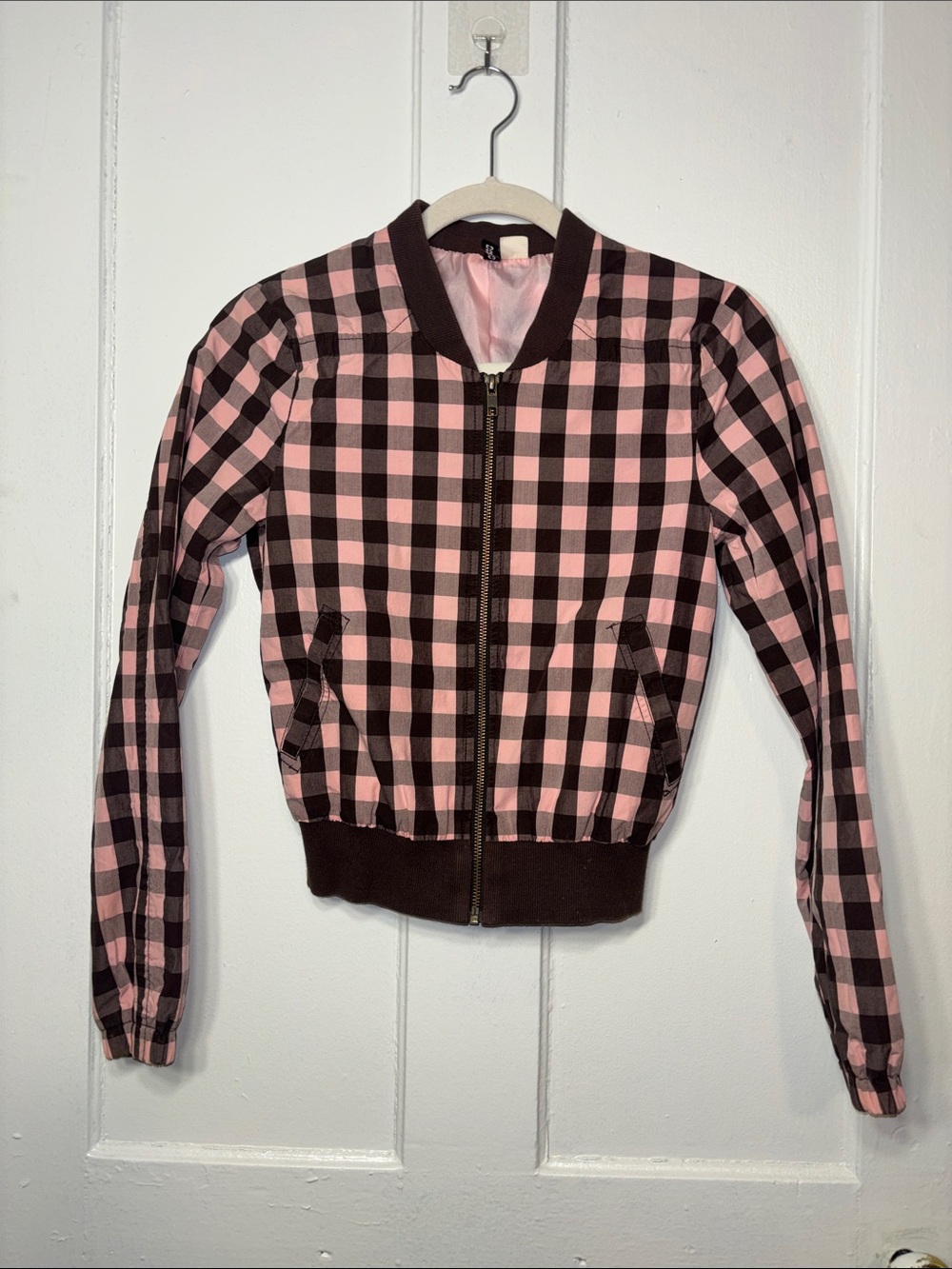Divided Pink and Black Checked Bomber Jacket size 2